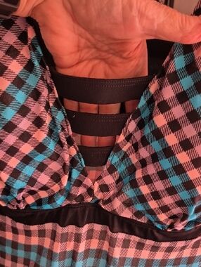 Plaid Blue, Pink & Black Women's Bathing Suit Top with Peek-a-boo 🫣cleavage